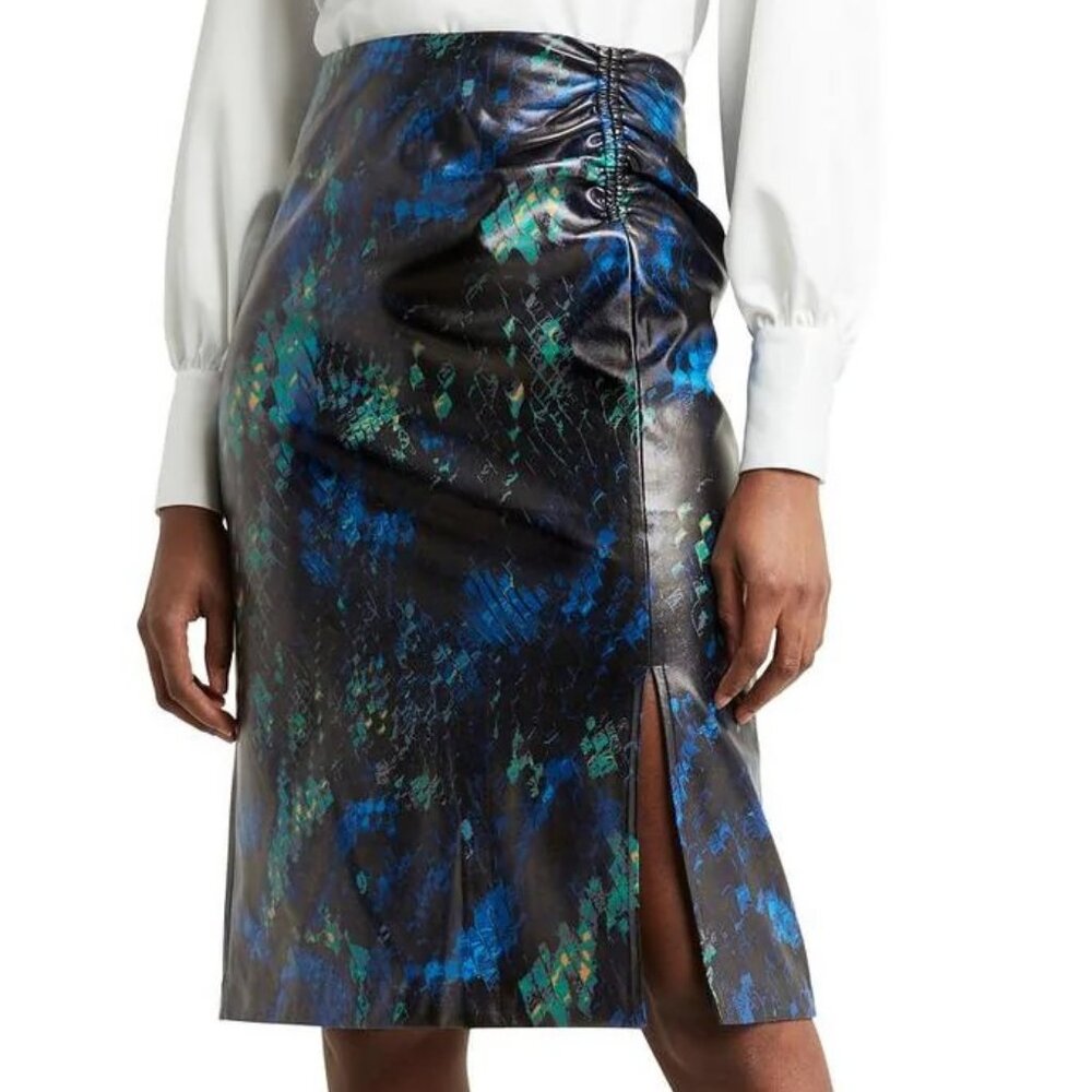 NWT H Halston leather like black, blue, green snakeskin skirt, Medium